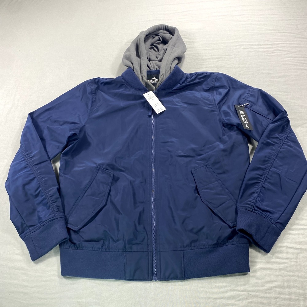 NEW Hollister Jacket Mens Large Blue Bomber Hood Full‎ Zip Insulated Windbreaker